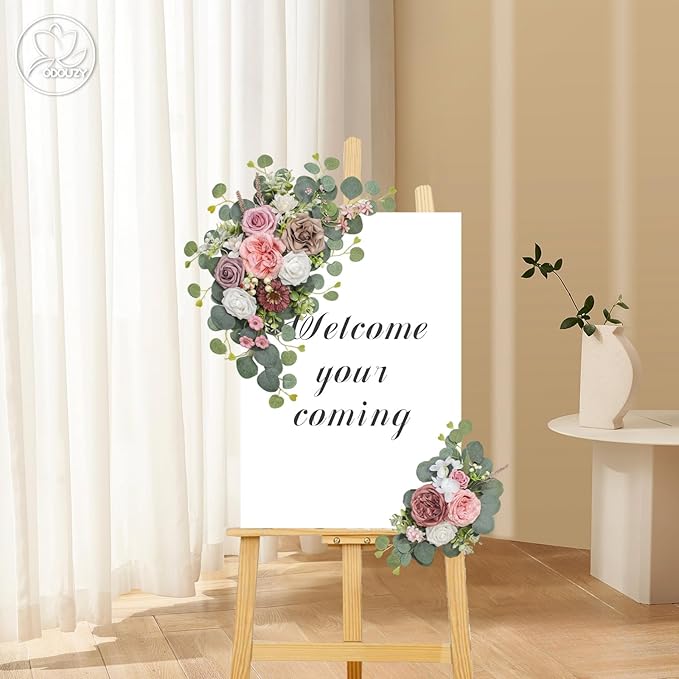 Odouzy Artificial Wedding Arch Flowers for Wedding Sign,Set of 2 for Wedding Welcome Ceremony Sign,Faux Floral Swags,Wedding, Banquet and Reception Backdrop Floral Decoration (Coffee Pink)