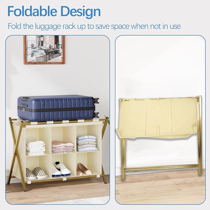 Luggage Rack for Guest Room, Folding Suitcase Stand with 6-Cube Fabric Storage Shelf, Luggage Holder, Steel Foldable Luggage Stand for Guest Room, Bedroom, Hotel, Gold
