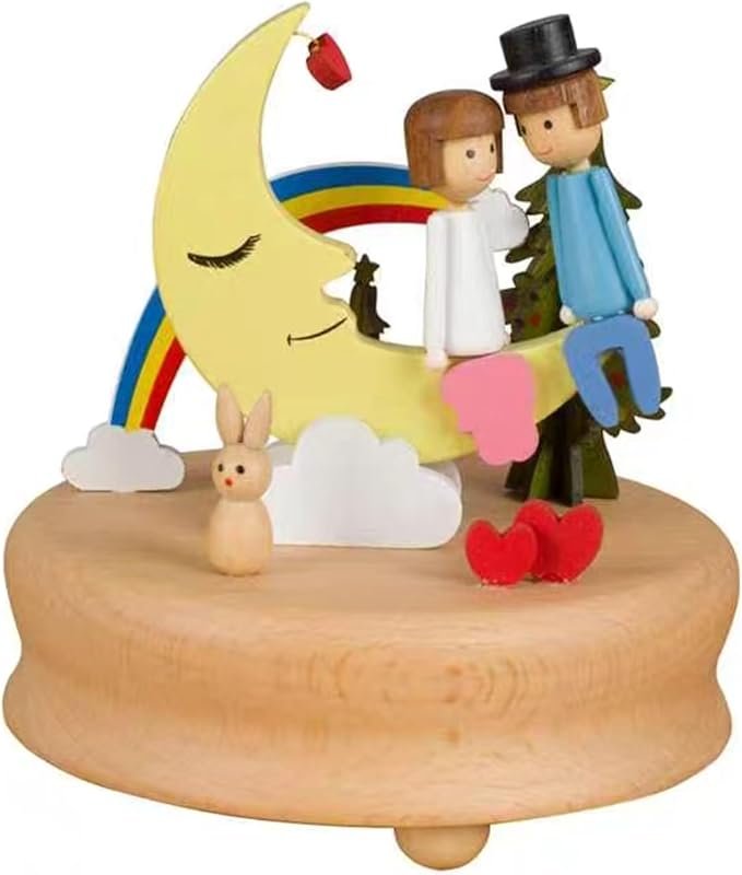 Natural Solid Wood Handcrafted Beech Wooden, Musical FigureTotoro/Carousel/Fairy/Ballerina Figurine,Rotating Hand Crank Mechanism Music Box,Musical Decorations (Moon Lover)