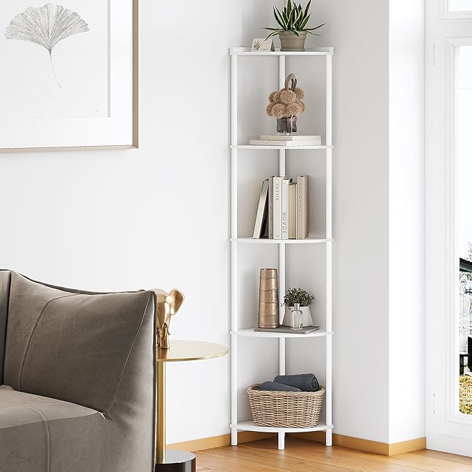 SUNMORY 5 Tier Corner Shelf Stand, Industrial 65" Corner Shelves Display Shelf for Living Room Decor, Wall Corner Bookshelf Multi Unit Organizer, Tall Shelf Plant Stand for Bedroom, Bathroom, White
