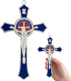 TALPGOD 7 Inch St Benedict Crucifix Blue,Crucifix Wall Cross for Catholic Decor,Jesus Christ Hanging Cross Wall Art Decor,Escapularios Catolicos,Saint Benedict Medal for Home Decoration