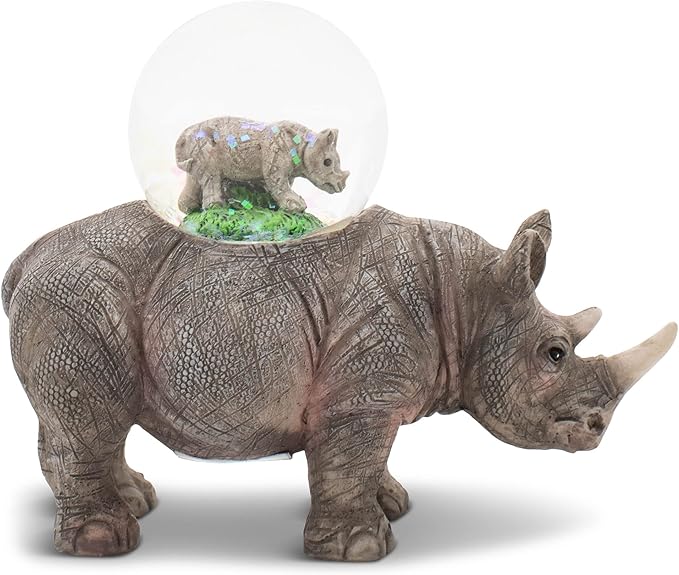 Elanze Designs Rhino Mother and Baby Miniature 45MM Sturdy Polyresin Magical Whimsical Tabletop Dresser Nightstand Glitter Water Snow Globe Figurine Decoration