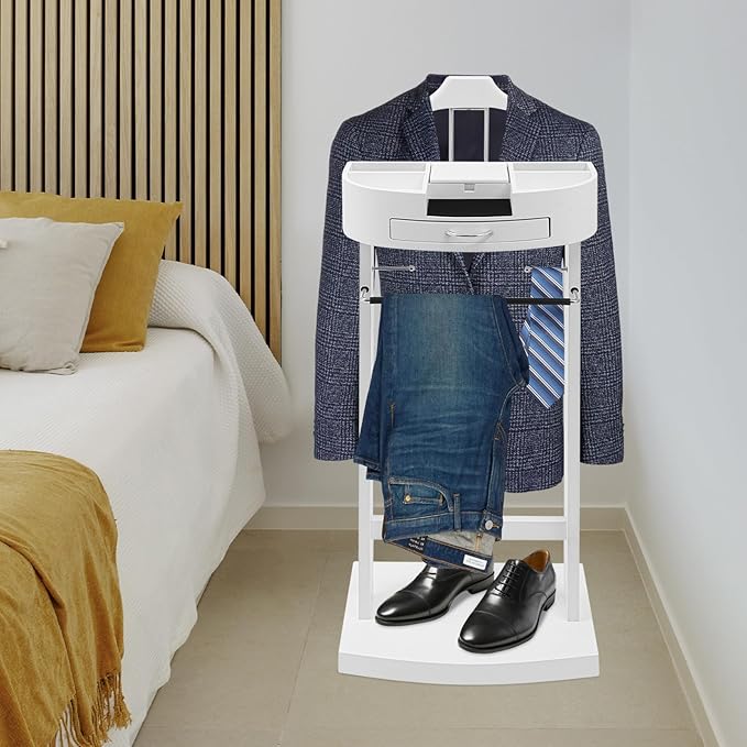 Wood Suit Valet Stand, Valet Stand for Men with Tray and Anti-slip Trouser Rack, Mens Valet Stand for Office, Living Room, Bedroom, White