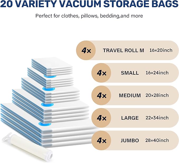 Simple Deluxe 20 Pack Space Saver Bags (4 Jumbo/4 Large/4 Medium/4 Small/4 Roll M) Vacuum Storage Bags, Vacuum Seal Bags with Hand Pump for Comforters, Blankets, Bedding, Pillows and Clothes