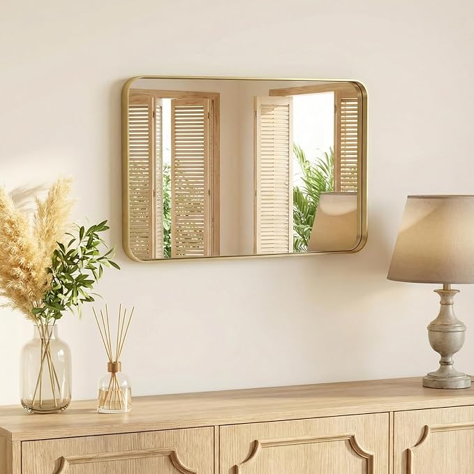 Sweetcrispy Bathroom Wall Mirror, 32x24 Inch Wall Mount Mirror for Over Sink, Modern Rounded Rectangle Vanity Mirrors with Matte Metal Framed, for Home Decor, Living Room, Bedroom, Gold