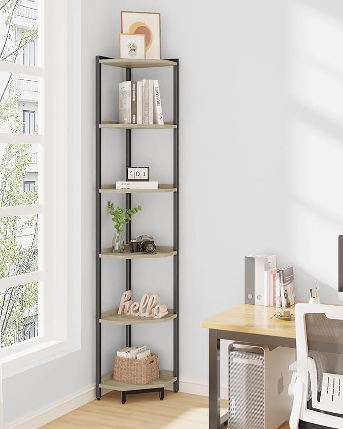 Hzuaneri Corner Shelf Stand, Corner Bookshelf, Storage Standing Shelf Unit with Metal Frame, Plant Stand, Bookcase for Living Room, Home Office, Bedroom, 6-Tier Greige CS06005B