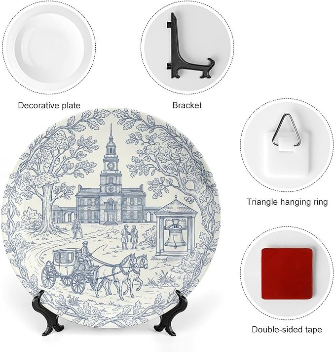 250th Anniversary Decorative Plates 8 Inch Patriotic Decorations Commemorative Plates with Stand Semiquincentennial 4th of July Veterans Day Home & Office Colonial Toile Design