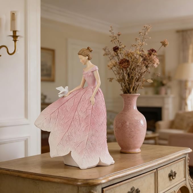 Guichifun Fairy Statue Collection Home Decoration - Pink Leaf Angel Girls Resin Home Garden Decor for Outside or Inside Rustic Fairy Garden Figurines Gifts for Women 8.5 x 5.25 x 12 Inch