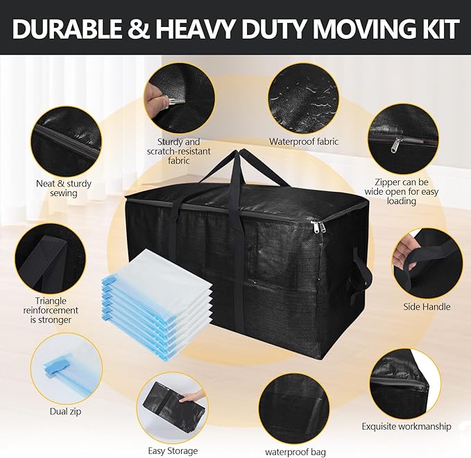 Extra Large Storage Bags Set Heavy Duty Moving Totes with Handles, Zippers-Way Carrying Design Fold Flat Storage Totes for Space Saving (Black, 12 Park-2 Moving bag & 10 Vacuum Seal Bags)