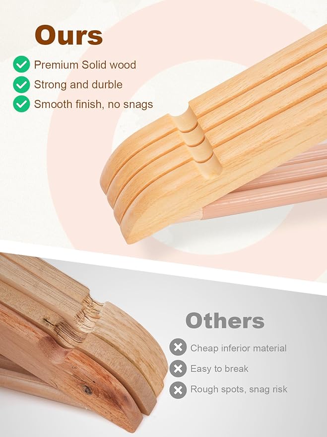 HOUSE DAY Wooden Hangers 30 Pack, Solid Wood Clothes Hangers with Non Slip Pant Bar, Heavy Duty Wooden Coat Hanger for Closet, Smooth Finish Wood Hangers for Shirts, Suits Jackets, Dress, Natural