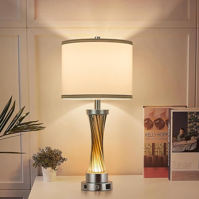 3-Way Dimmable Table Lamp Set of 2,Touch Control Lamp with Night Light,Modern Crystal Table Lamps for Bedroom,Living Room，Bedside Lamps with USB A+C Ports，Fabric Lampshade(Blubs Included)