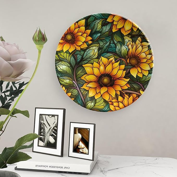Decorative Plates for Wall Hanging, Autumn Flowers Stained Glass Design Ceramic Plate w/Display Stand, Home Decor for Kitchen Cabinets, Farmhouse Round Tray 8 Inch, Gift for Sunflower Lover