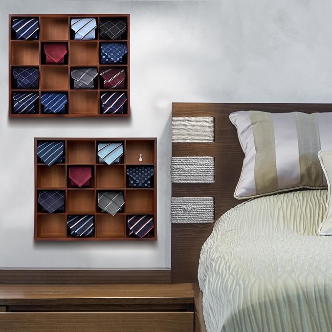 Wall Mounted Tie Rack - 16 Compartment Tie Organizer with Display Racks for Bedroom & Wardrobe