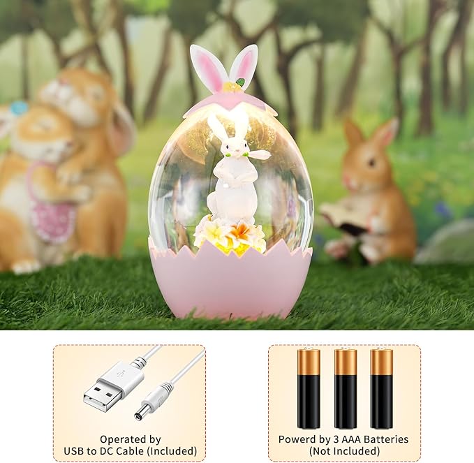 Easter Snow Globe Lantern with 6H Timer, Lighted Swirling Glitter Bunny and Eggs Decor, USB/Battery Operated Easter Decorations for Home, Spring Holiday Centerpiece or Gift