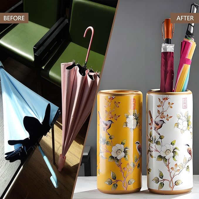 Decorative Ceramic Umbrella Stand - Porcelain Umbrella Holder Chinese Flower and Bird Print Vintage Floor Standing Vase Multi-Functional Cane Storage
