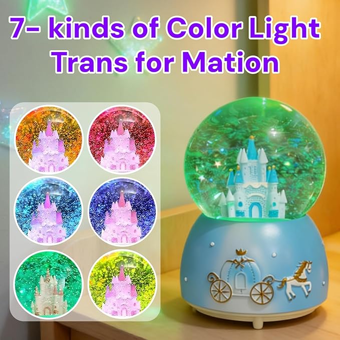 Blue Castle Snow Globes, Girls Music Snowglobes with LED 7 Colors Lights, Automatic Snow Fall Effect, Home Decor for Kids Room Essentials, Gifts for Birthday Christmas Valentines Mother's Day (Blue)
