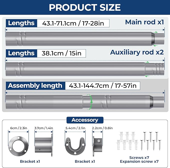Mavivegue Closet Rod, 17 to 57 Inch Adjustable Closet Rods for Hanging Clothes, Silver Hanging Rod for Closet Wardrobes Laundry RV, Bathroom