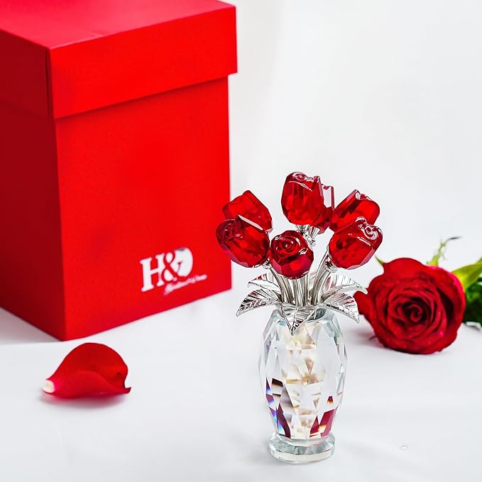 H&D HYALINE & DORA Crystal Rose Flower Figurine,Glass Flower Bouquet Ornament,Glass Rose Gift for Christmas Mother's Day Valentine's Wedding Party