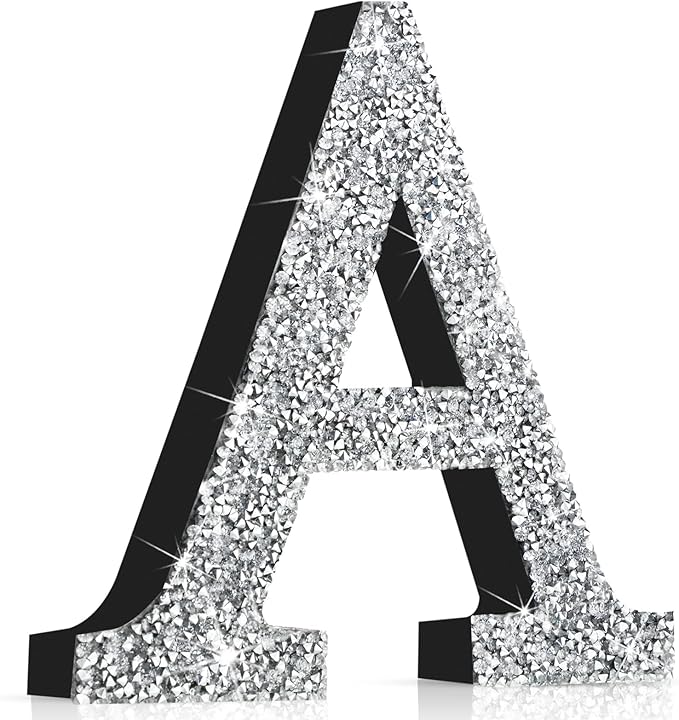 Qunclay 8'' Silver Crystal Diamond Bling Letters Crushed Diamond Decoration Wooden Glitter Letter with Screw and Hooks Rhinestone Gift for Wedding Y2k Mcbling Bedroom Wall Decor (Letter A)