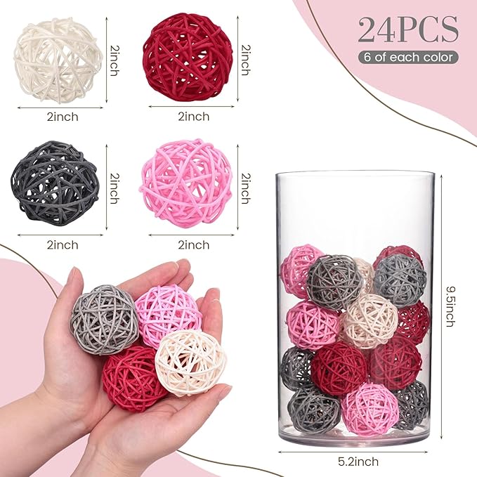 DomeStar 24PCS Pink Rattan Balls Decorative Balls for Bowl Centerpiece, 2 Inches Home Indoor Table Decor - Valentine's Day Tiered Tray Heart Bowl Fillers