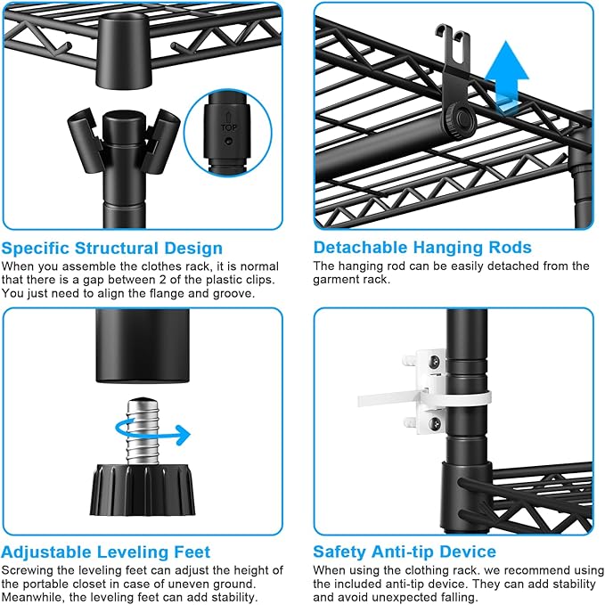 Ulif E13 Max Heavy Duty Clothes Rack（With 4 Hanger Rods & 8 Shelves） Freestanding Clothing Racks for Hanging Clothes，Adjustable Closet，Metal Garment Rack 86" W x16 D x77 H，Max Load 1100LBS，Black