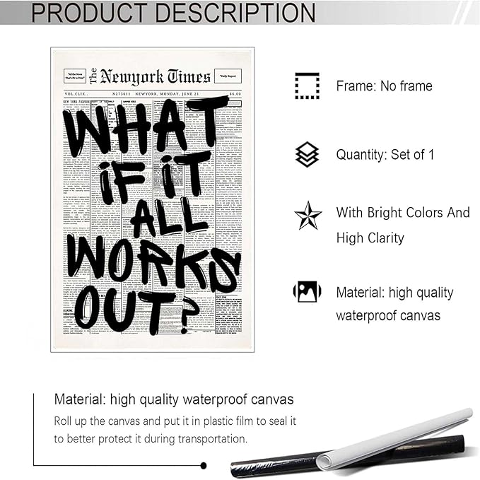 Drimiler Retro Black And White Newspaper Poster What If It All Works Out Canvas Wall Art Positive Affirming Quote Minimalist Prints Painting For Home Bedroom Dorm Wall Decor 8x12in Unframed