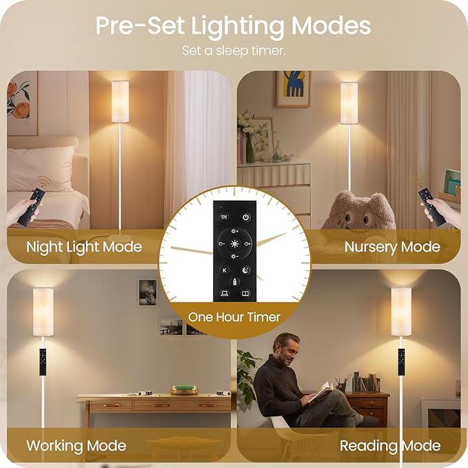 White Floor Lamps for Living Room with Remote and Foot Switch, 64.4” Modern Standing Tall Lamp, Dimmable Corner Lamp for Bedroom, Office, Bulb Included, 3000K-6500K, FCC Listed WW06LD05W1