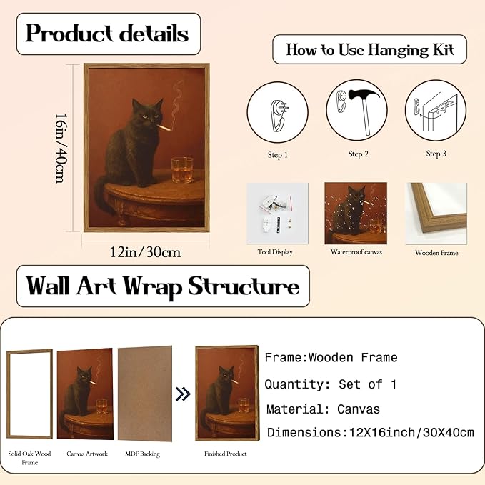 Framed Funny Black Cat Wall Art, Vintage Moody Cat Pictures Wall Decor, Humor Cool Animal Paintings Canvas Prints for Living Room Bedroom Bathroom Bar 12x16 inch