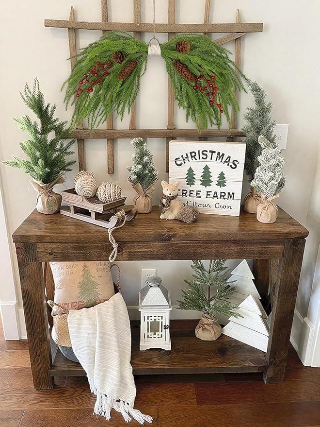 Artificial Christmas Swags with Norfolk Pine, Red Berries and Pinecones, 24" Christmas Thanksgiving Decorations for Front Door, Mantel, Staircase, Window, Xmas Décor