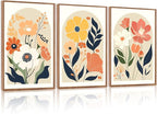 KAIRNE Boho Canvas Wall Art,Abstract Floral Wall Decor,Modern Minimalist Prints Set of 3(16”X24”),Botanical Wall Art Paintings,Bohemian Mid Century Artwork for Living Room Bedroom Office Decor,Framed