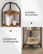 CHOEZON 4-Tier Rustic Brown and Black Corner Shelf, 4-Shelf Industrial Corner Bookshelf, Space-Saving Corner Storage Stand, Plant Stand Display Shelf, Bedroom, Living Room, Home Office