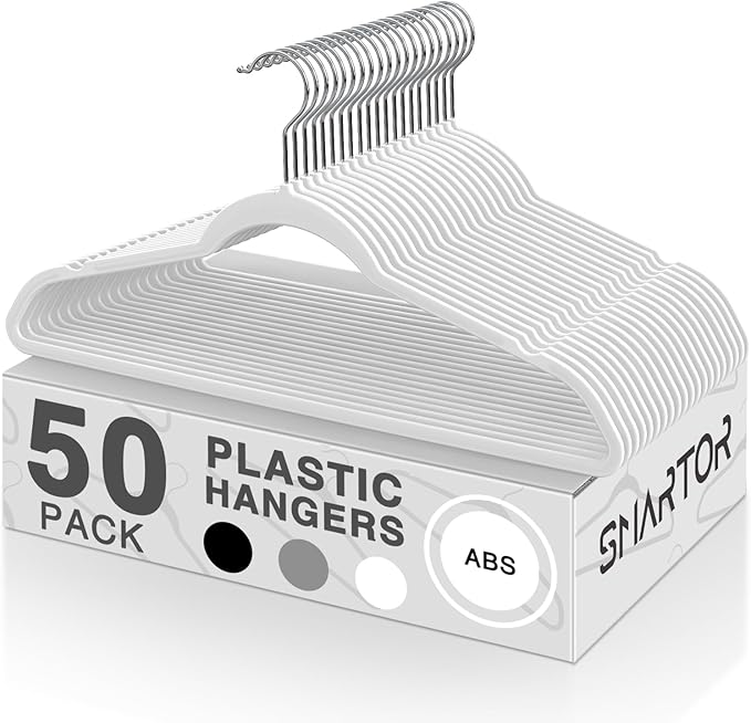 SMARTOR Plastic Hangers 50 Pack - Thin Clothes Hangers Heavy Duty | Durable | Lightweight | Space Saving | Slim | Flexible - Dorm Room Essentials for College Students - White