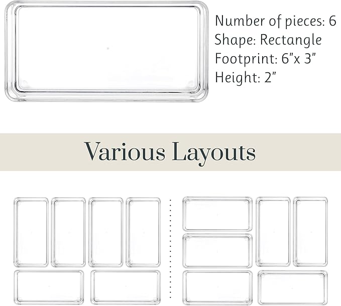 STORi SimpleSort 6-Piece Stackable Clear Drawer Organizer Set | 6" x 3" x 2" Rectangle Trays | Small Makeup Vanity Storage Bins and Office Desk Drawer Dividers | Made in USA