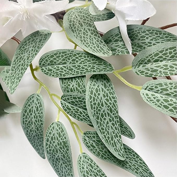 belupai 26.4 Inch Artificial Willows Swag with Flowers, Fake Wall Hanging Greenery Teardrop Dahlia Wreath Eucalyptus Garland with Bow Ribbon for Front Door Farmhouse Decor(White)