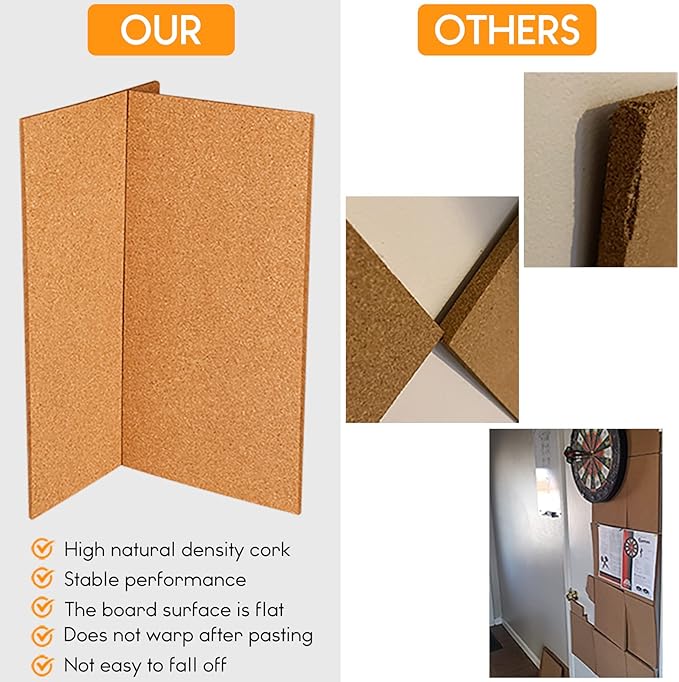 TUPARKA 6 Pack Cork Board Bulletin Boards 17"x8" - 1/4" Self-Adhesive Corkboards for Wall With 100 Push Pins, Square Cork Tiles for Home, School, Office Decorative