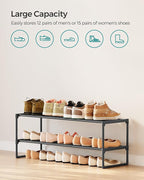 SONGMICS Shoe Rack, 2-Tier Shoe Organizer, Metal Storage Shelf, Upright or Upside Down, for 12-15 Pairs, Stackable, for Entryway, 11.8 x 36.2 x 14.6 Inches, Black ULSA12BK
