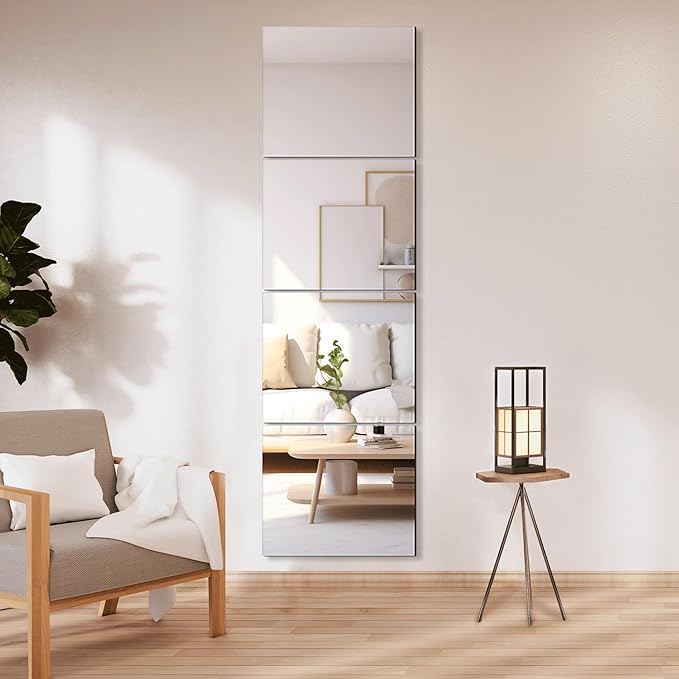 Delma Glass Full Length Wall Mirror Tiles, 14'' x 12'' 4PCS, Frameless Body Tiles for Bedroom, Mounted Home Gym, Door