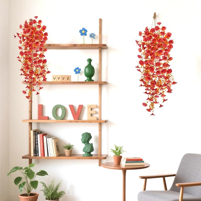 Fake Fall Hanging Flowers Artificial for Outdoor Decoration, 2 PCS Autumn Silk Faux Flowers Morning Glory with Eucalyptus Leaves, Realistic Hanging Plants for Wedding Home Office Garden Decor, Red