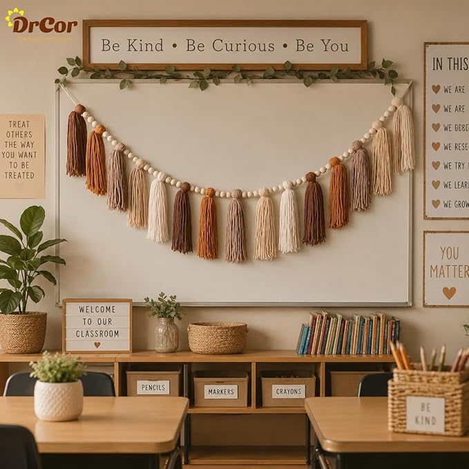DrCor Boho Terracotta Rainbow Tassel Garland – Classroom Decor for Teachers, Bulletin Board Decorations, Back to School Wall Hanging for Nursery, Kids Room, Baby Shower & Party Decor