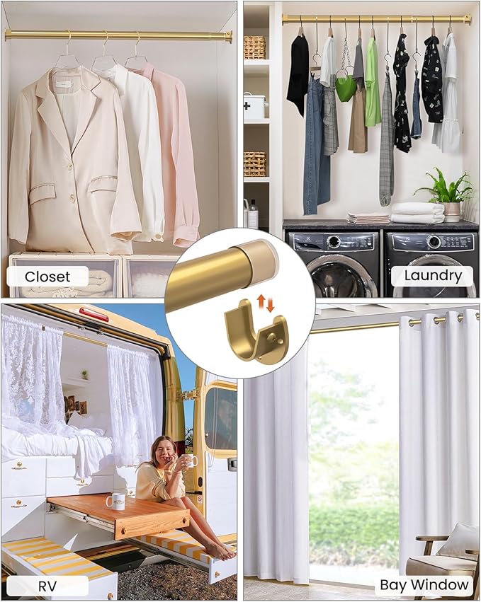 2 Pack Closet Rods for Hanging Clothes, 17 to 54 Inches Stepless Adjustable Metal Closet Rod, 1.3 Inches Heavy Duty Clothes Hanging Rod for Closet Wardrobes Laundry RV, Golden
