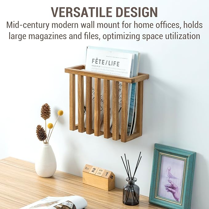 MyGift 11 Inch Premium Acacia Wood Wall Mounted Magazine Rack and File Folder Holder, Mid Century Modern Home Office Hanging Storage for Oversized Magazines