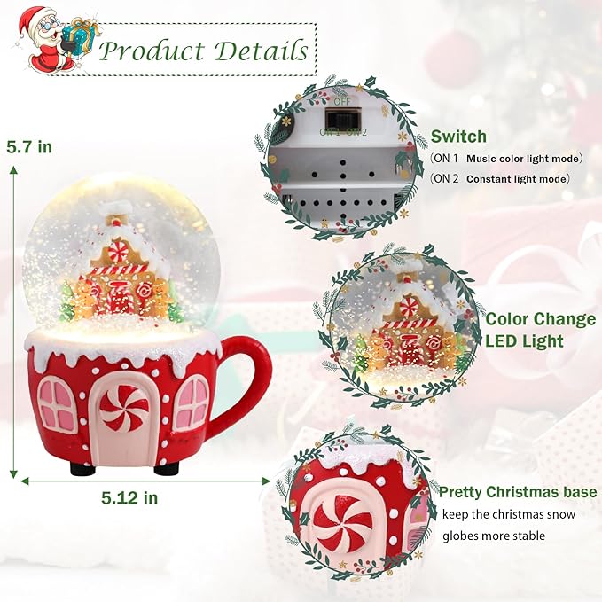 Christmas Snow Globe Musical Gingerbread Men House Christmas Tree Water Snow Globes with 7 Colors Light Change Music Box Home Christmas Decor for Kids