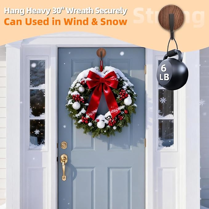 Suction Cup Wreath Hanger for Front Door, Over Door, Window Glass, Mirrors, Tiles – Decorative Hooks for Christmas/Thanksgiving/Halloween/July 4th/Easter/Valentine/Spring/Summer/Fall (2 Pack, Walnut)