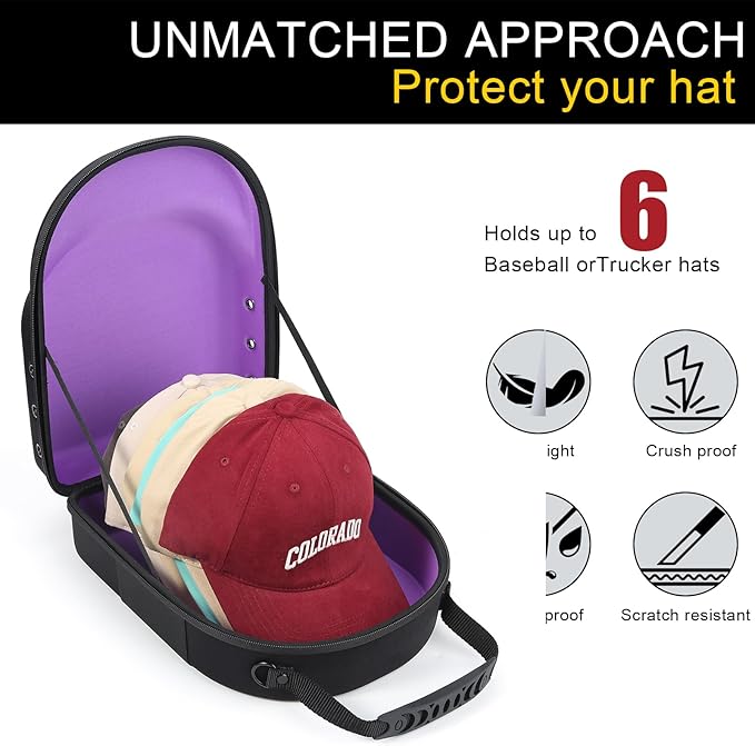 Hard baseball hat case, Hat Carrier Travel Case with Adjustable Shoulder Strap, Hat cap case for 6 Baseball Caps - Perfect for Traveling & At-Home Storage (Black with Purple)