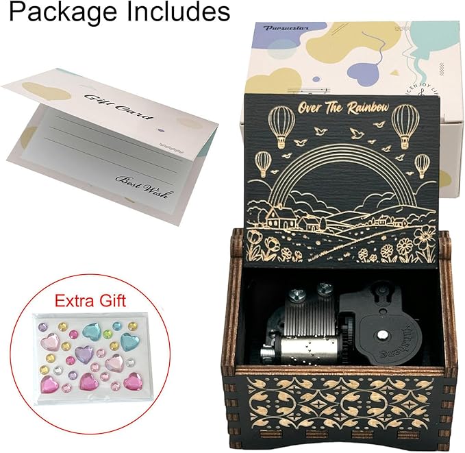 Pursuestar Somewhere Over The Rainbow Wind Up Music Box, Vintage Engraved Wood Mechanism Musical Gifts for Mother's Day Valentine's Day Christmas Thanksgiving
