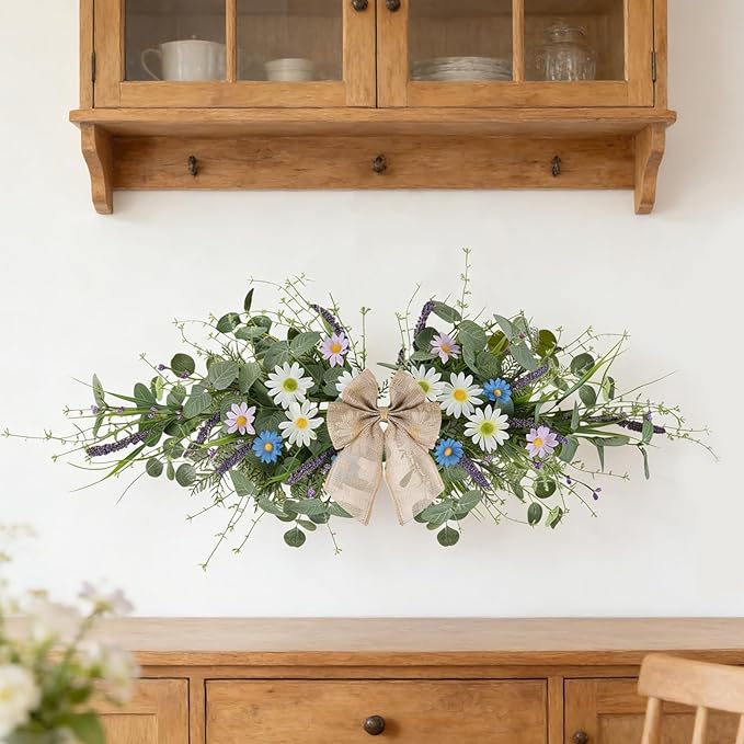 2 Pcs Spring Floral Teardrop Swags 24" Wildflower & Daisy Swag Decor with Linen Bows, Artificial Summer Greenery Swags for Door, Wall, Mantel, and Wedding Decor