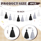 WILLBOND 4 Pieces Tassel Garland Black and White Grey Tassel Garland for Classroom Wall Decor Boho Pastel Cotton Banners for Party School(3.1 Inch, Black, White, Gray)