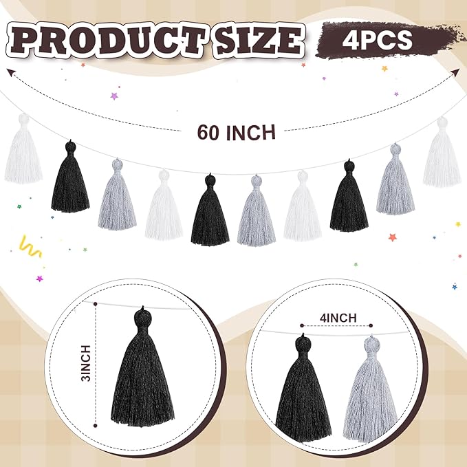 WILLBOND 4 Pieces Tassel Garland Black and White Grey Tassel Garland for Classroom Wall Decor Boho Pastel Cotton Banners for Party School(3.1 Inch, Black, White, Gray)