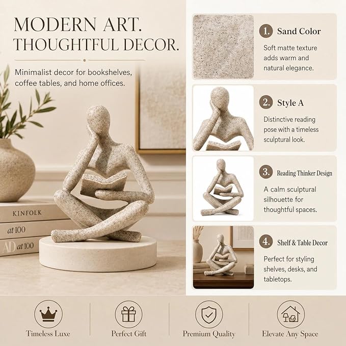 Bookshelf Decor Thinker Statue, Sand Abstract Reading Figurine Style A, Resin Decorative Bookend for Coffee Table, Shelf, Home Office, Library, Gift for Book Lovers