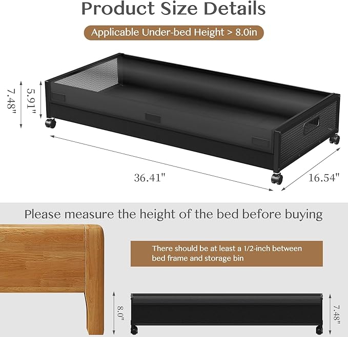 Under Bed Storage with Wheels,2 Pack Under Bed Storage Containers with Clear Lids,Under the bed storage Organizer Bins, Large Rolling Under Bed Metal Drawer for Clothes,Shoes,Blankets